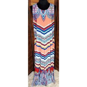 NEW ROAMANS STRIPED PAISLEY PRINT SLEEVELESS LONG LIGHT MAXI DRESS SIZE 14/16